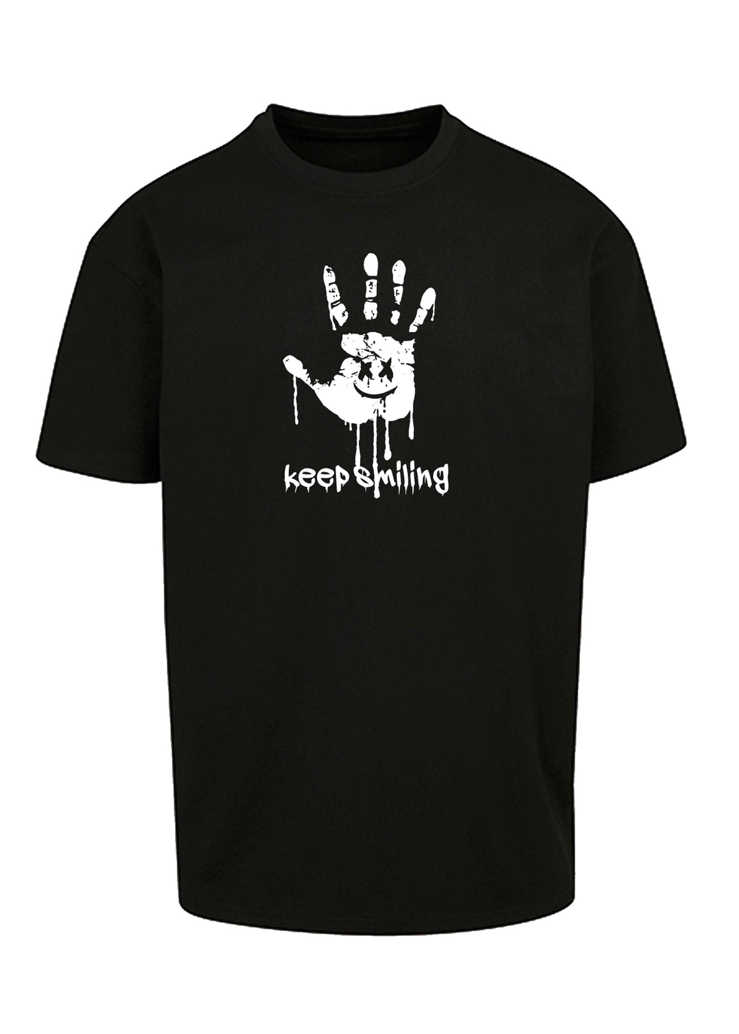 Oversize Shirt in Schwarz mit weißem Handabdruck und keep smiling Aufdruck