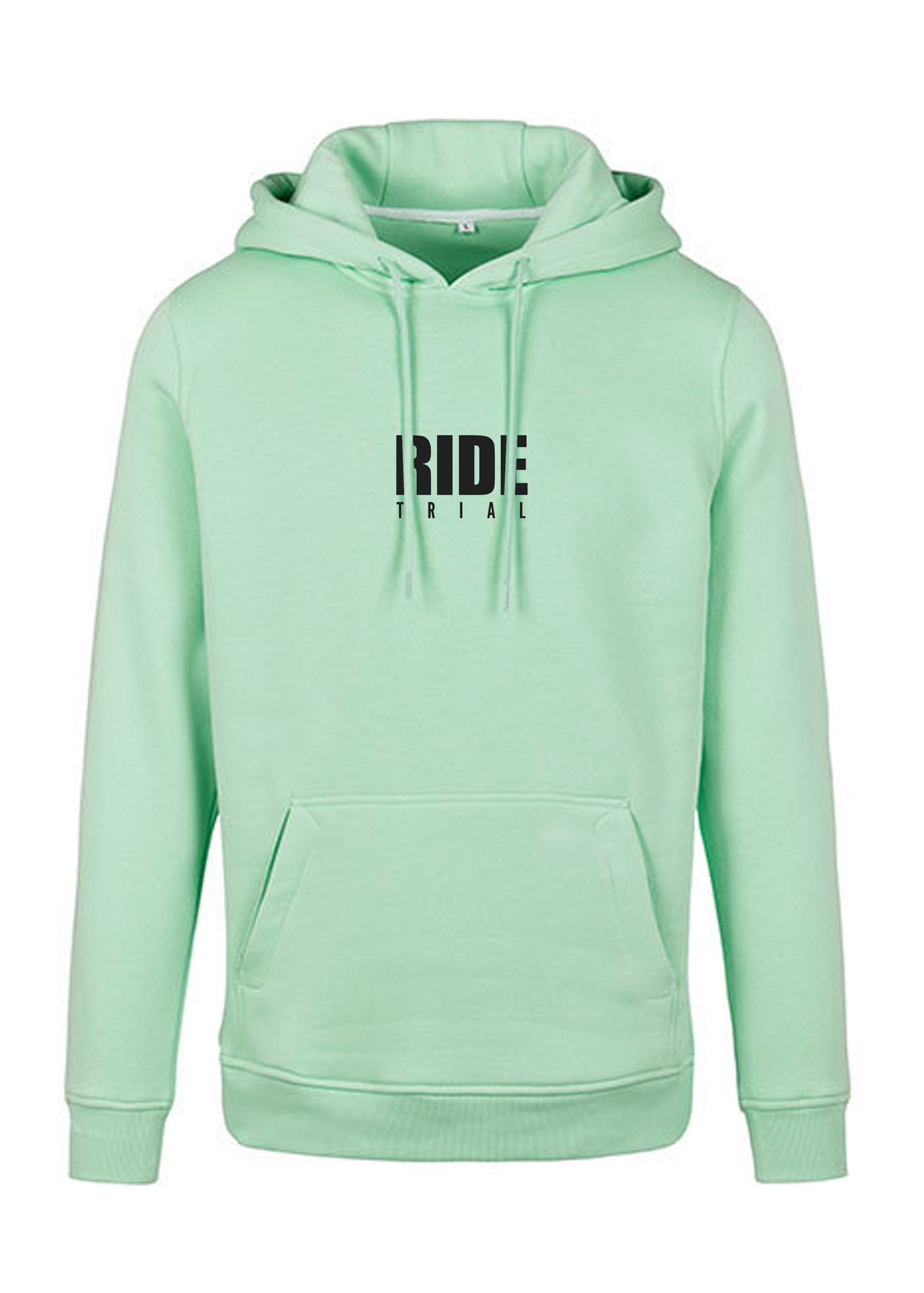Mint farbener Hoodie mit schwarzem Schriftzug RIDE TRIAL auf der Brust