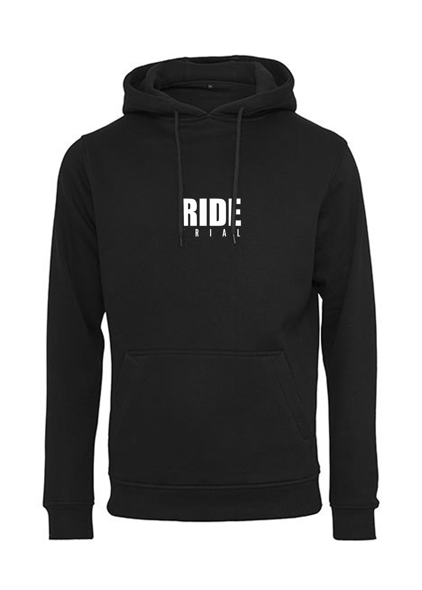 Schwarzer Hoodie mit weißem Schriftzug RIDE TRIAL auf der Brust