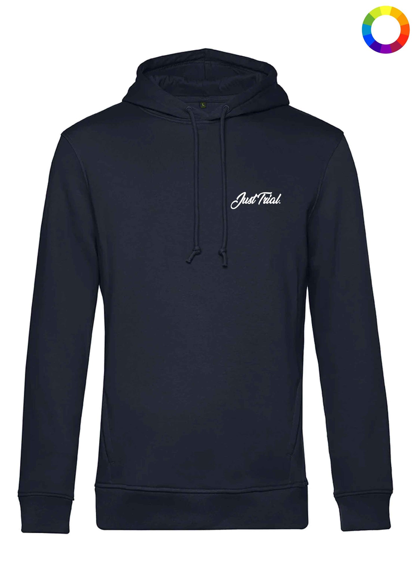 Dunkelblauer Hoodie Just Trial in Schreibschrift