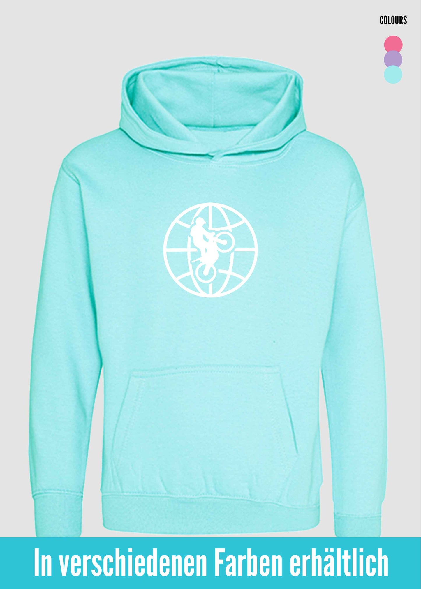 Himmelblauer Hoodie mit weißer World of Trial Kugel - Frontbild