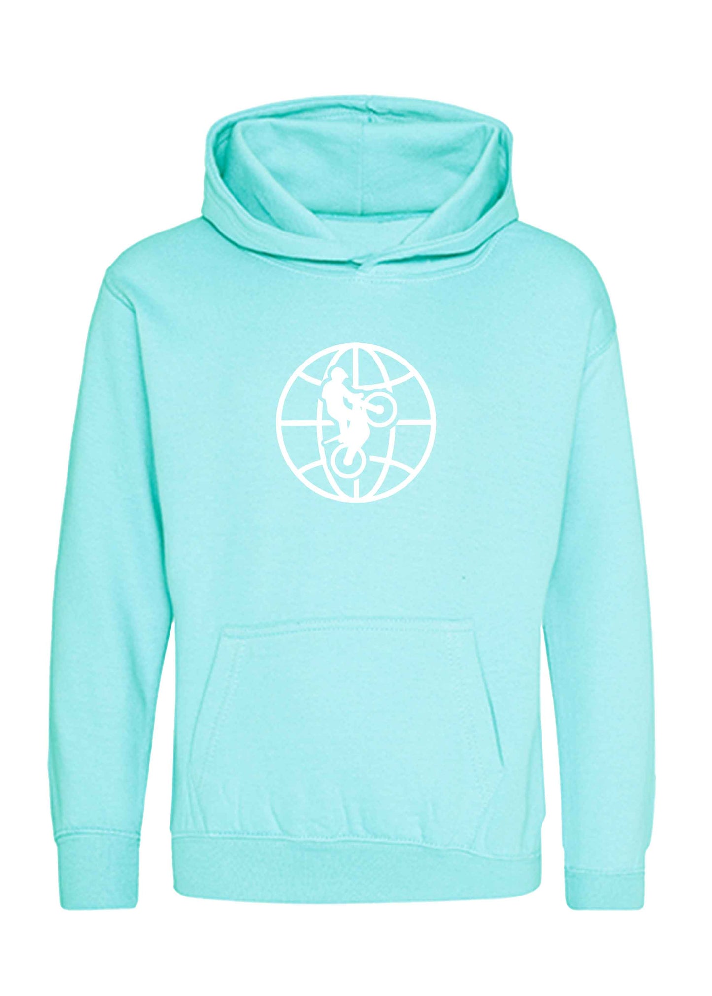 Himmelblauer Hoodie mit weißer World of Trial Kugel