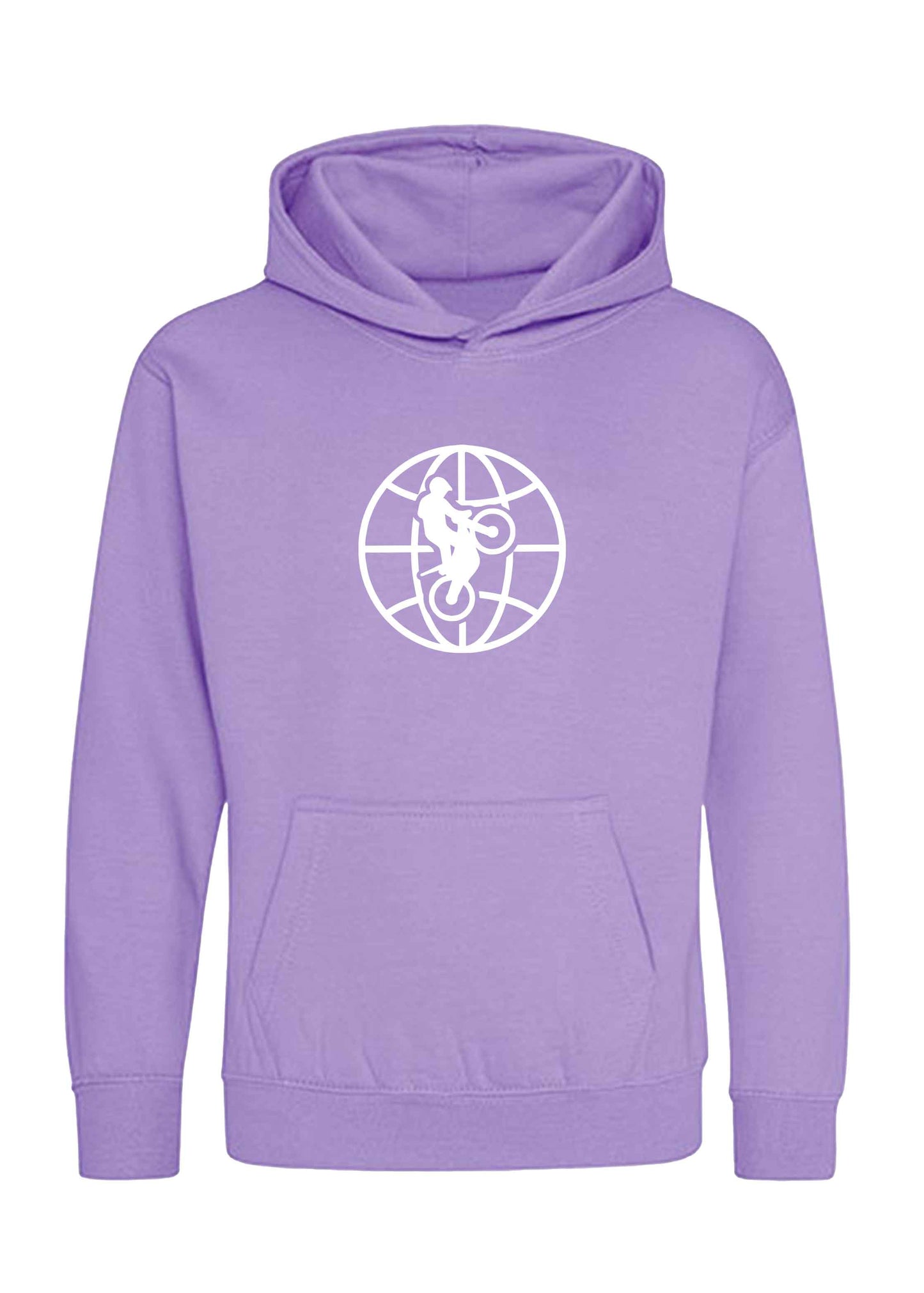 Lila farbener Hoodie mit weißer World of Trial Kugel