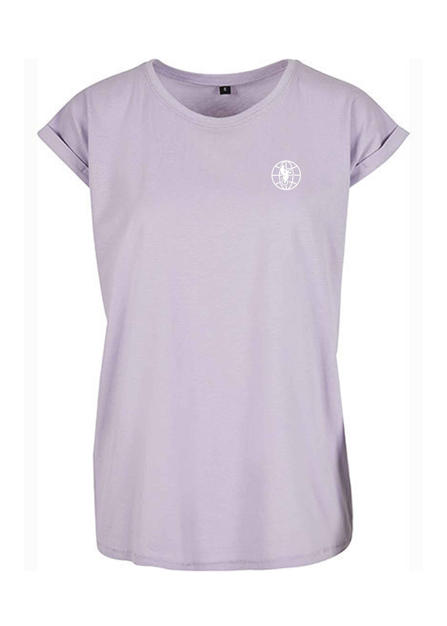 Flieder farbenes T-Shirt mit weißer World of Trial Kugel auf der Brust