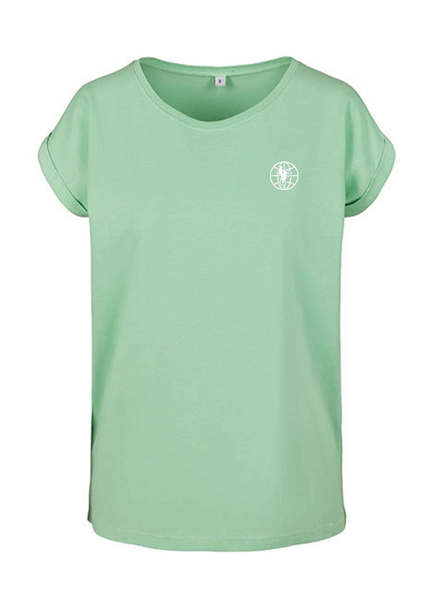 Mint farbenes T-Shirt mit weißer World of Trial Kugel auf der Brust