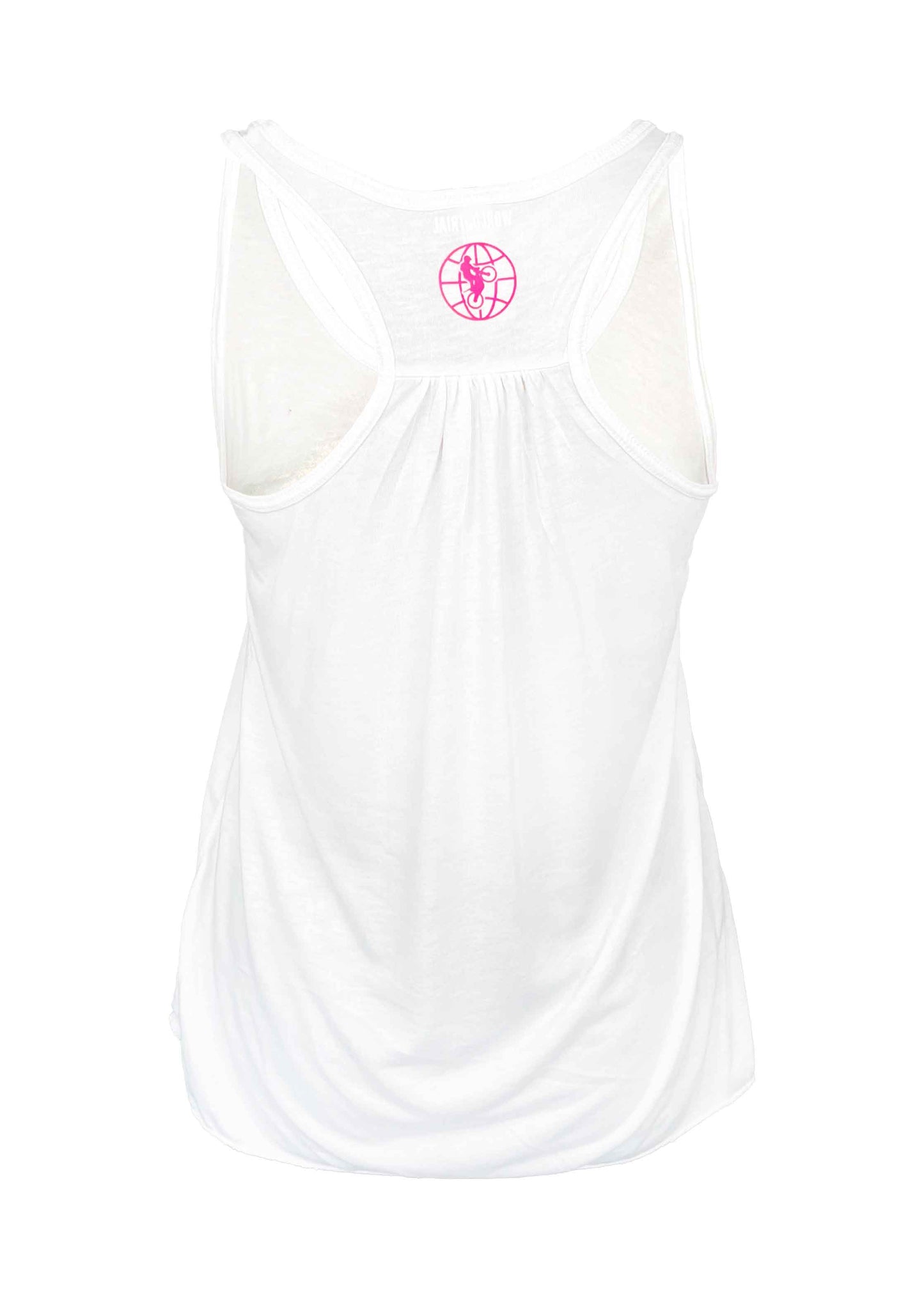 Weißes Racer Back Top mit pinker World of Trial im Nacken