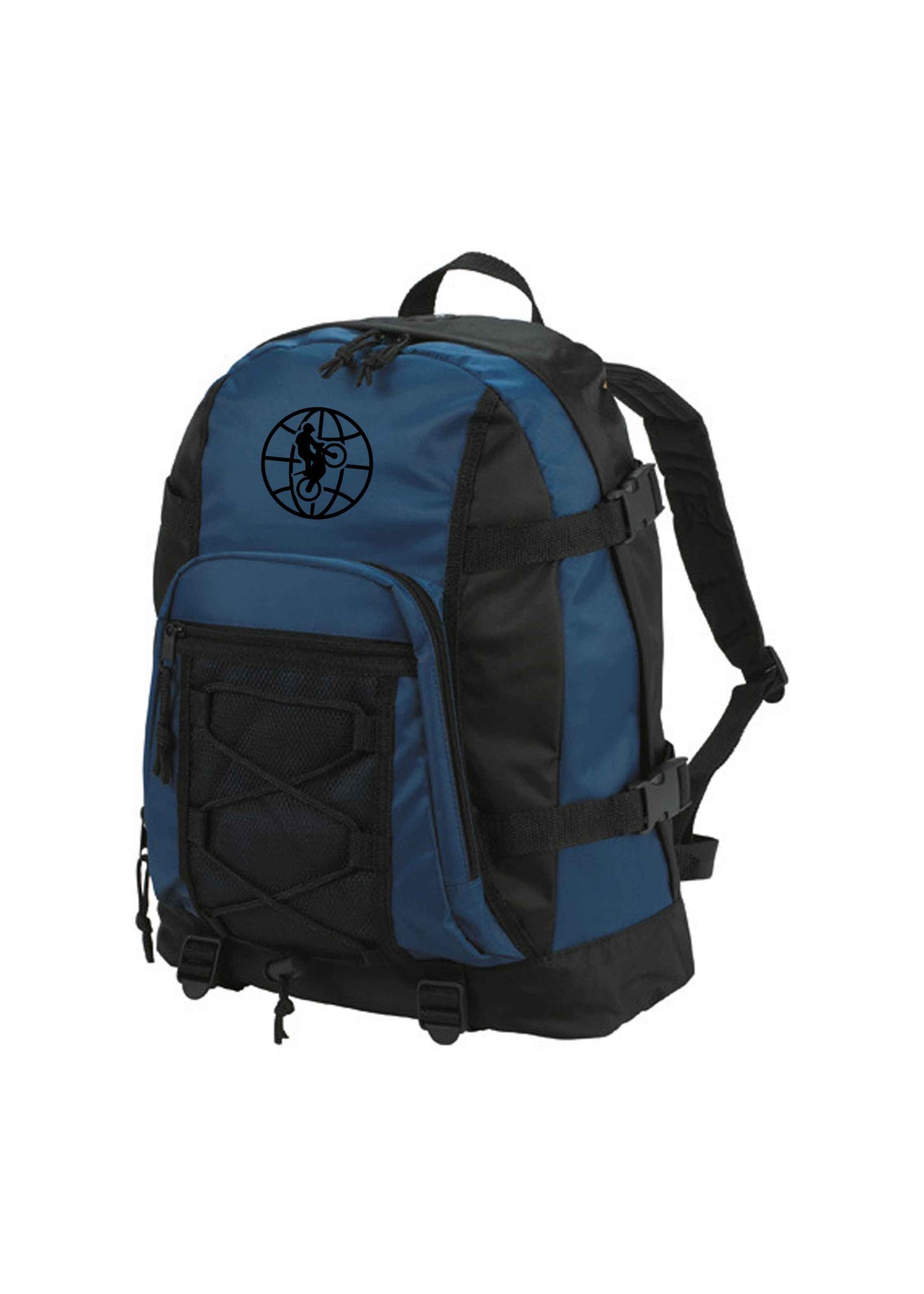 Blauer Rucksack mit schwarzer World of Trial
