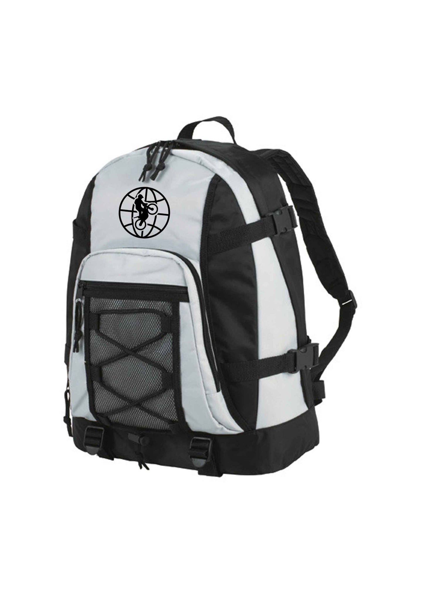 Hellgrauer Rucksack mit schwarzer World of Trial