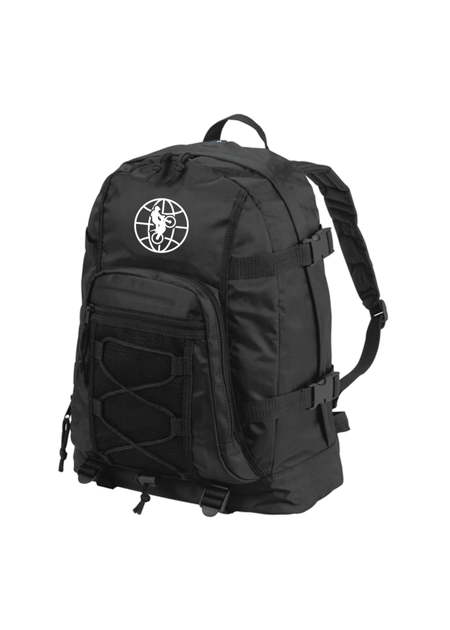Schwarzer Rucksack mit weißer World of Trial
