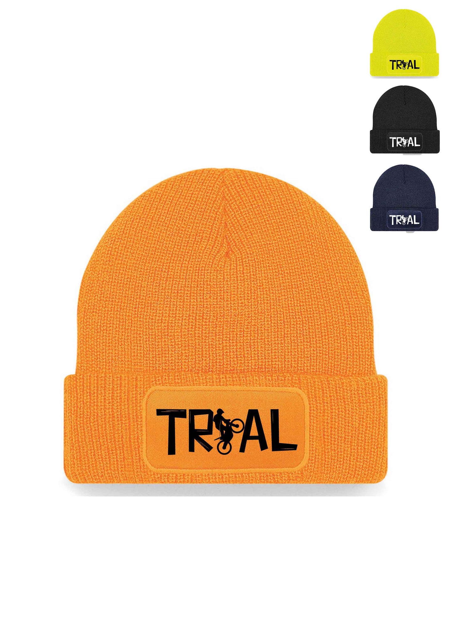 Beanie mit Patch in verschiedenen Farben mit dem Aufdruck TRIAL