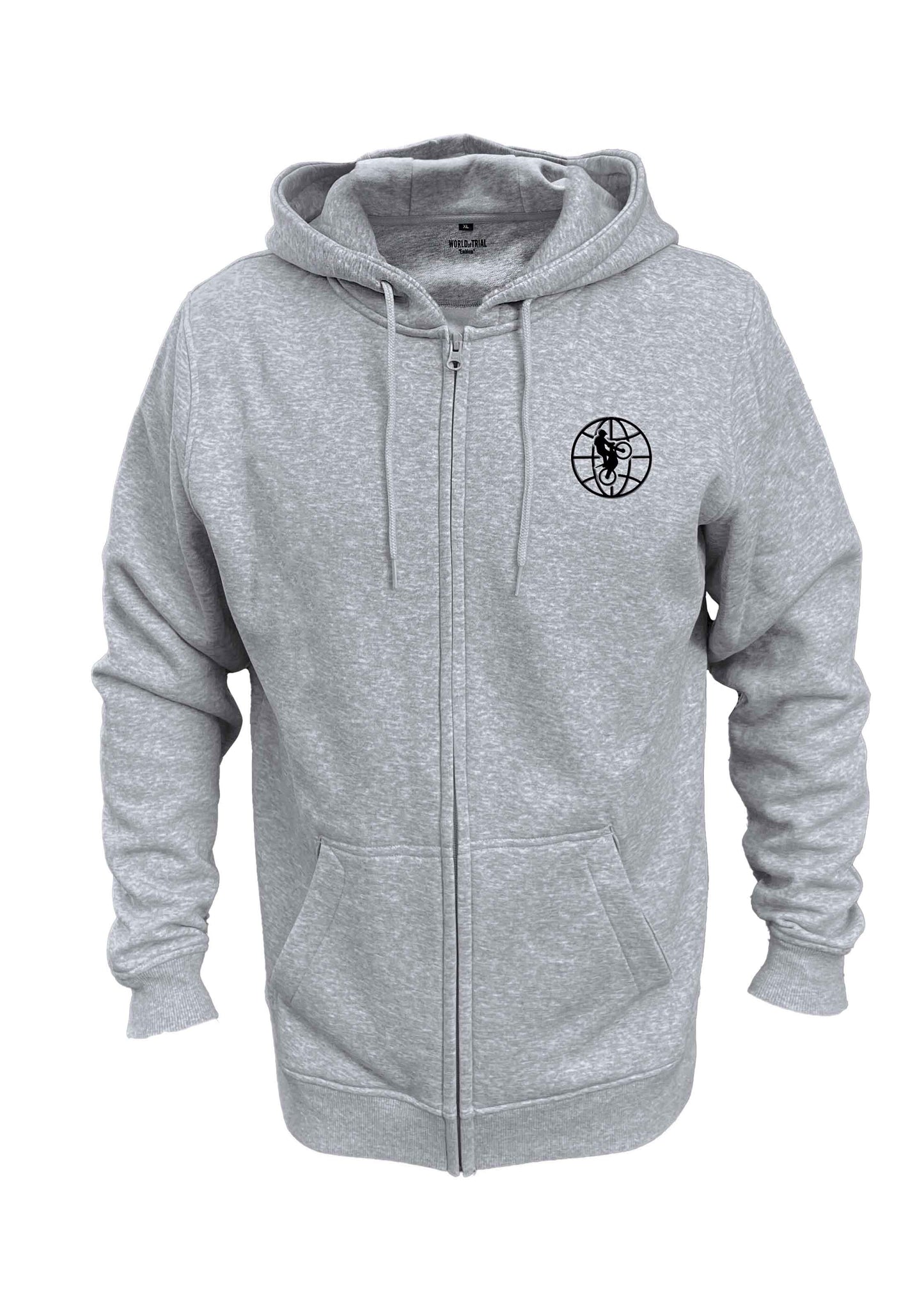 Grauer Zip-Hoodie mit schwarzer World of Trial links auf der Brust