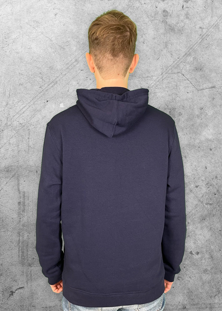 Rückansicht des dunkelblauen World of Trial Unisex Hoodie "Typeface"