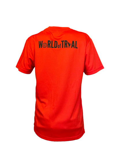 Trainingsshirt für Kinder in Rot, Rückansicht  mit dem Logo WorldofTrial 