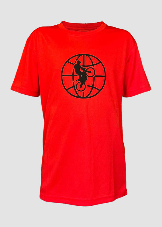 Trainingsshirt für Kinder in Rot, vorne mit Weltkugel und Trial Fahrer und hinten mit dem Logo WorldofTrial 