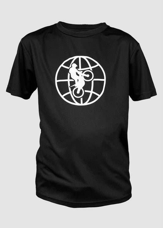 Trainingsshirt für Kinder in Schwarz, vorne mit Weltkugel und Trial Fahrer und hinten mit dem Logo WorldofTrial 