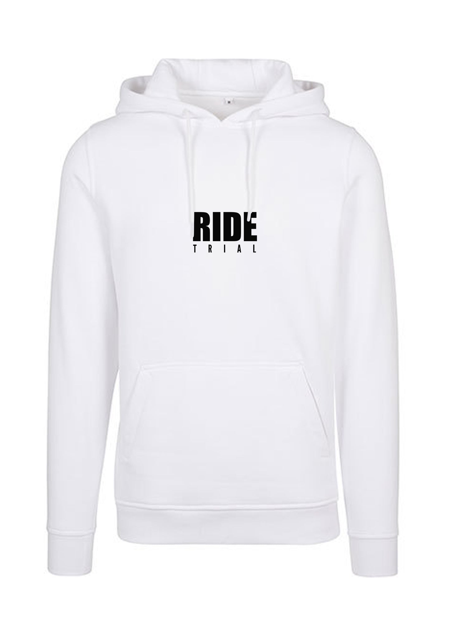 Weißer Hoodie mit schwarzem Schriftzug RIDE TRIAL auf der Brust