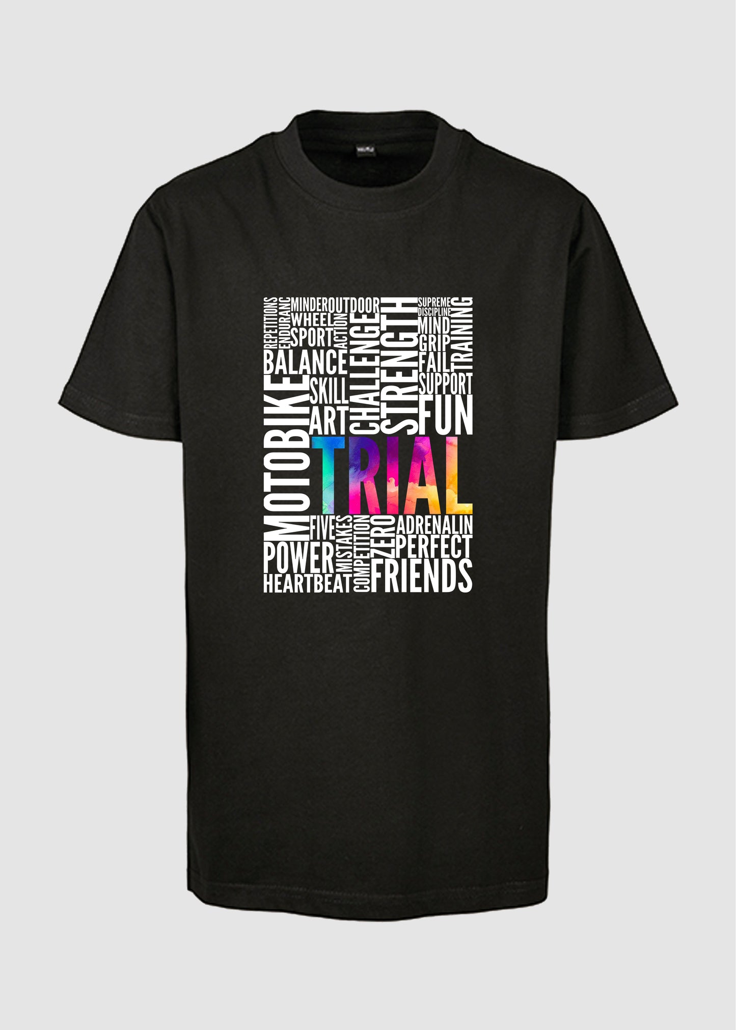Begriffe wie Motobike, Fun, Support, etc. in weiß sowie TRIAL in gro0en bunten Buchstaben auf einem schwarzen T-Shirt