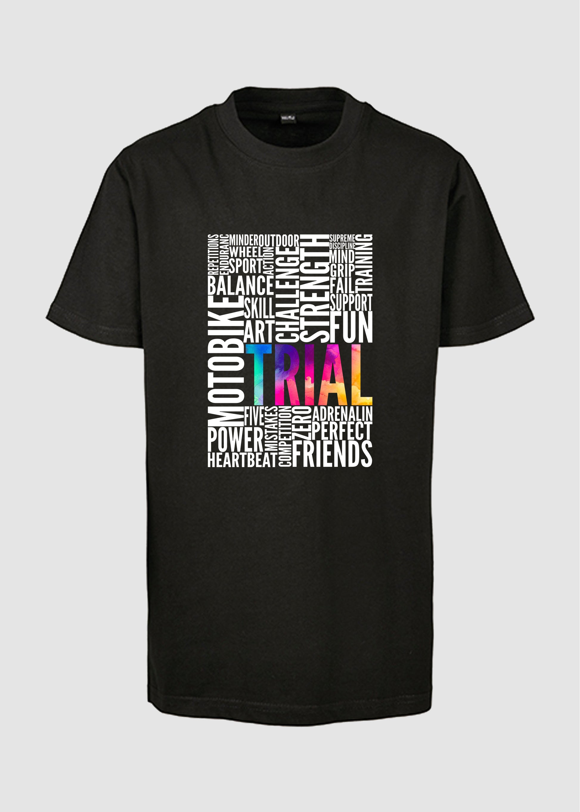 Begriffe wie Motobike, Fun, Support, etc. in weiß sowie TRIAL in gro0en bunten Buchstaben auf einem schwarzen T-Shirt