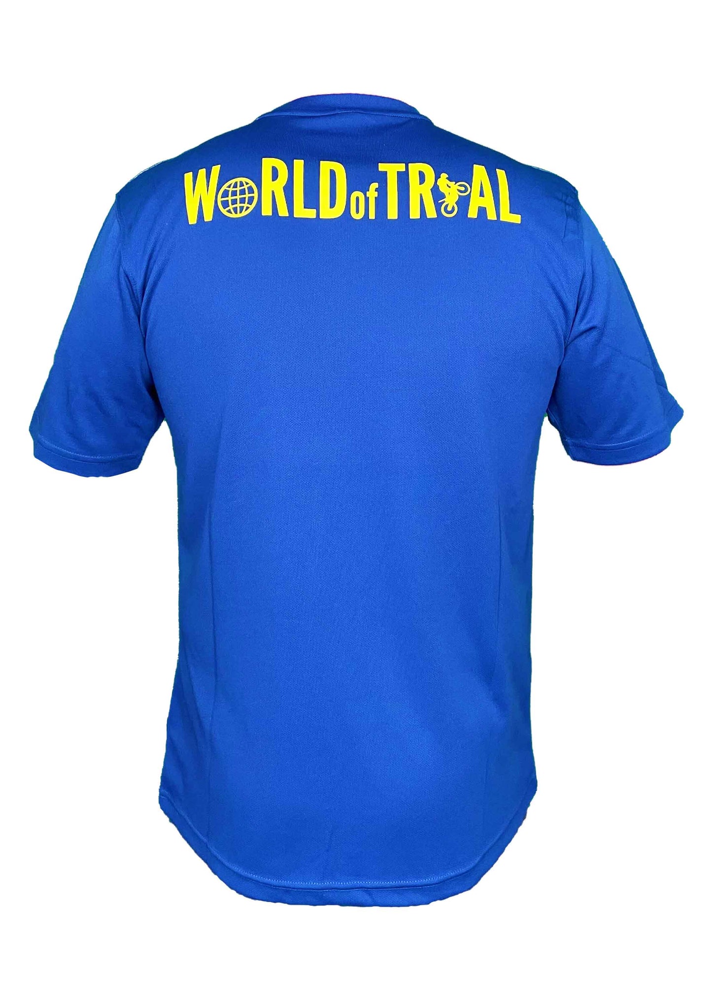 Blaues Trainingsshirt mit neongelbem World of Trial Schriftzug