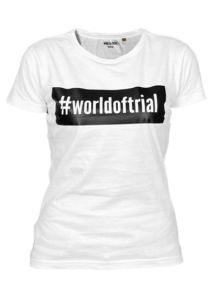 Frontansicht - Weißes Damen T-Shirt mit Schwarzem Block und #worldoftrial