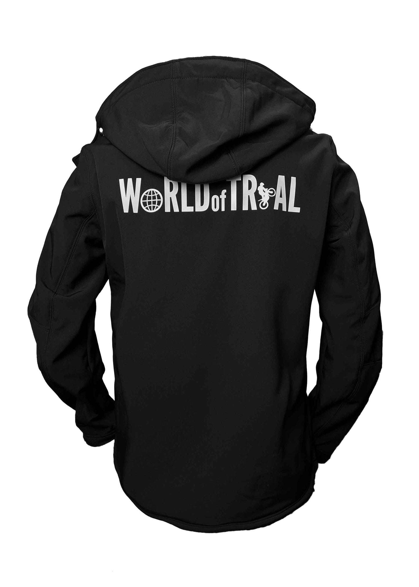 Softshelljacke mit weißem World of Trial Logo auf dem Rücken