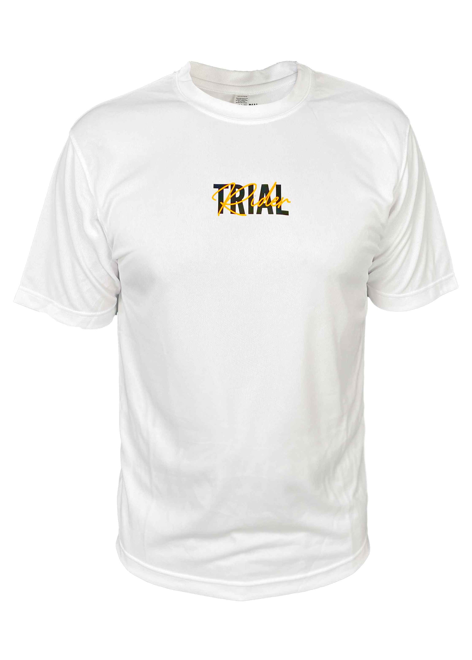 Weißes Shirt mit schwarzem TRIAL Schriftzug auf der Brust und darüber ein neonorange farbener Schriftzug Rider