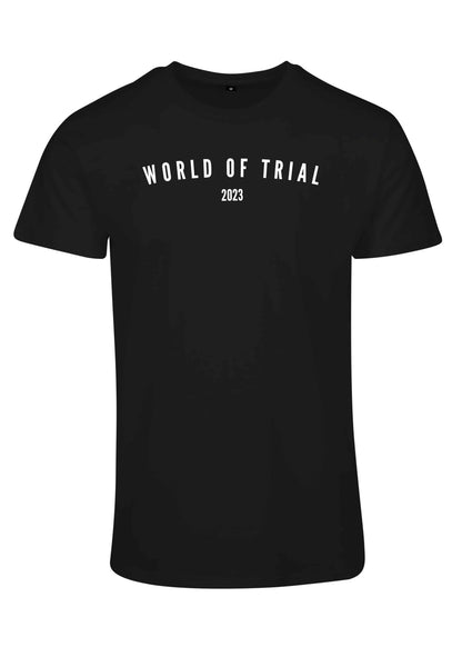Schwarzes T-Shirt mit weißem World of Trial Schriftzug 2023