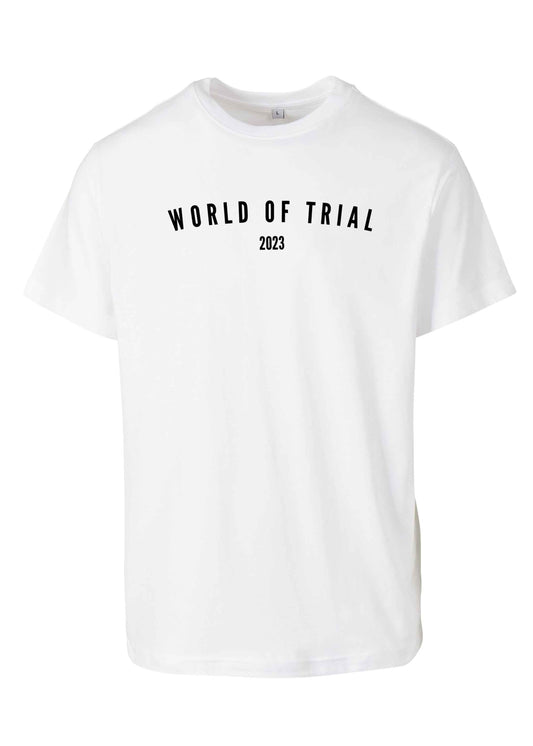 Weißes T-Shirt mit schwarzem World of Trial Schriftzug 2023