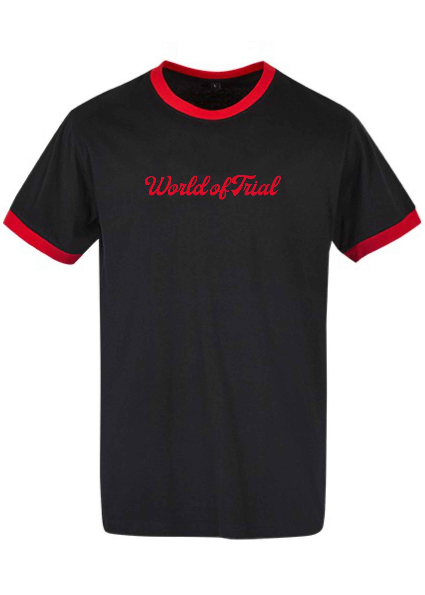 Schwarzes Retro Shirt mit roten Bündchen und rotem World of Trial Schriftzug