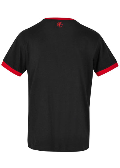 Schwarzes Retro Shirt mit roten Bündchen von hinten