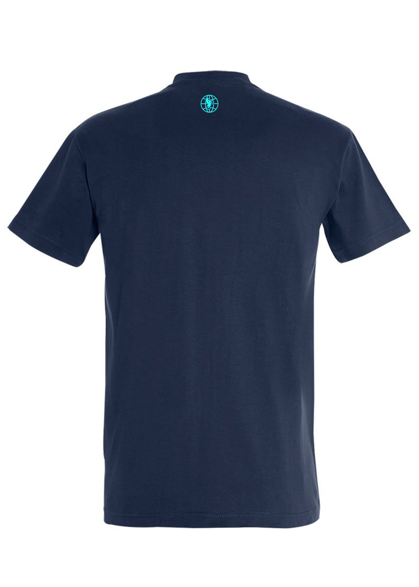 Rückansicht navy Shirt mit World of Trial Kugel in Mint im Nacken
