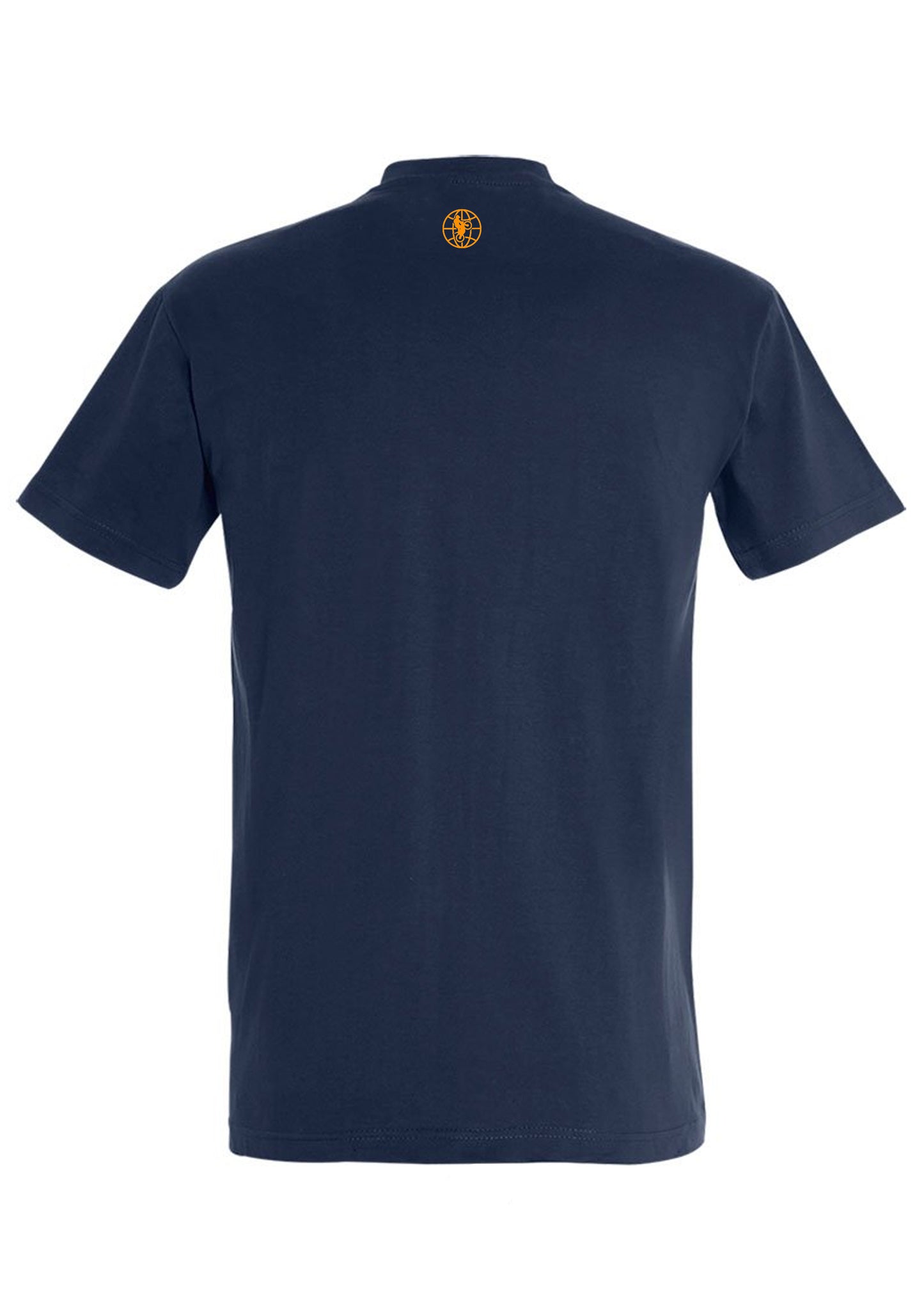 Rückansicht navy Shirt mit World of Trial Kugel in Orange im Nacken