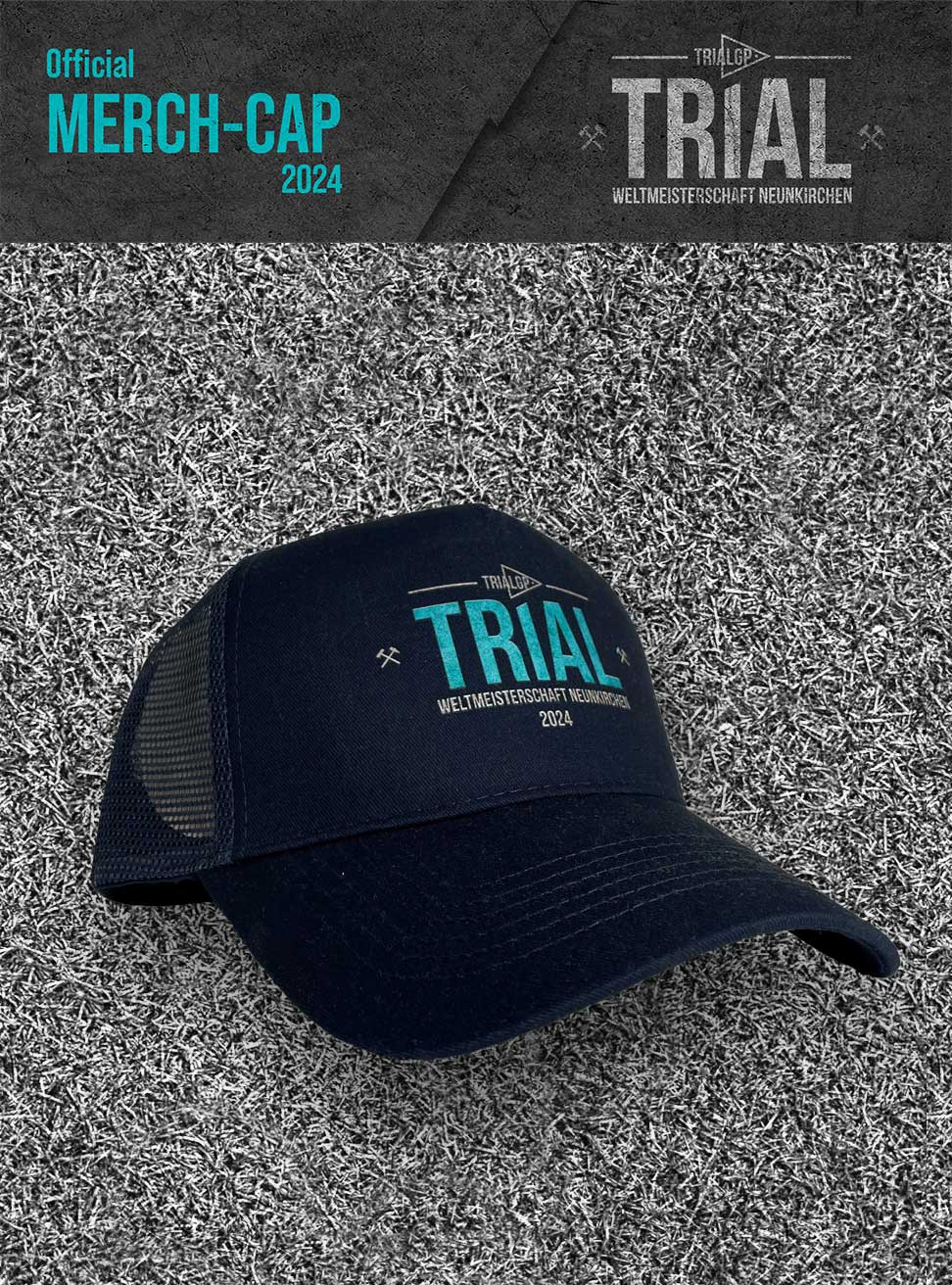 Dunkelnblaue Trucker Cap mit Aufdruck TRIAL Weltmeisterschaft Neunkirchen 2024